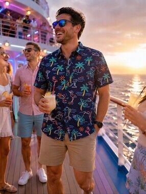 Chubbies Neon Tropical Button Front Shirt Men's Medium Flamingo Palm Tree